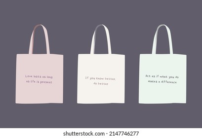 Three colorful shoppers with quotes.