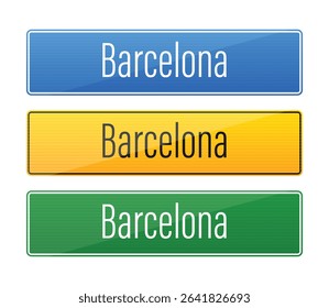 Three colorful signs display the name of a major city in vibrant colors.