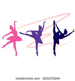 three colorful silhouettes of a ballet dancers	