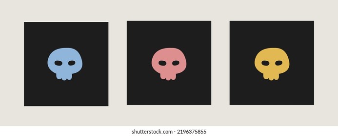 Three colorful skulls stamp on black background for print. Stylish poster with skulls. Triptych print vector design illustration.