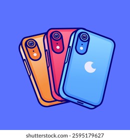 Three colorful smartphones in orange, red, and blue with a minimalist style. Vector illustration.