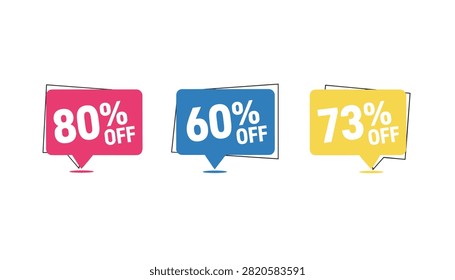Three colorful speech bubble sale tags display huge discounts of eighty, sixty, and seventy-three percent off.