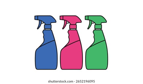 Three colorful spray bottles for cleaning and household chores a variety of cleaning solutions for your home