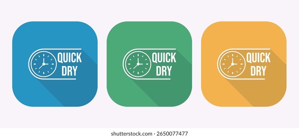Tres iconos cuadrados coloridos con un reloj y texto de secado rápido