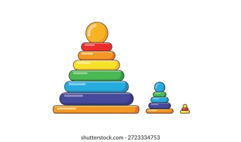 Três torres de anel de empilhamento colorido de tamanhos diferentes representam brinquedos educacionais clássicos para bebês e crianças pequenas para jogar.