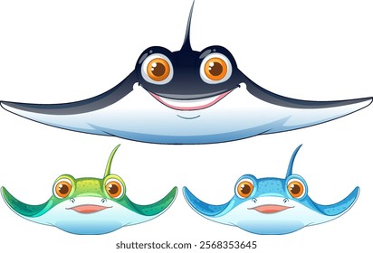 Three colorful stingrays with cheerful expressions