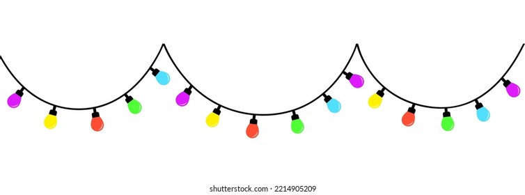 Three colorful string fairy light set. Christmas lights. Lightbulb glowing garland. Cartoon holiday festive xmas decoration. Rainbow color. Cone shape. Flat design. Isolated. White background. Vector