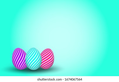 Three colorful striped easter egg on vivid turquoise background. Copy space for the text.