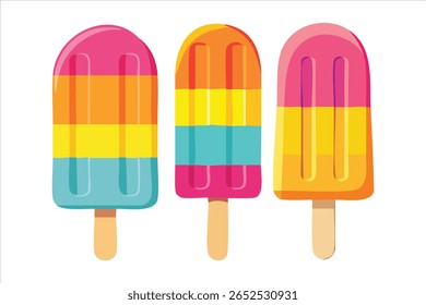 Três picolés listrados coloridos em um fundo branco Verão Tratado