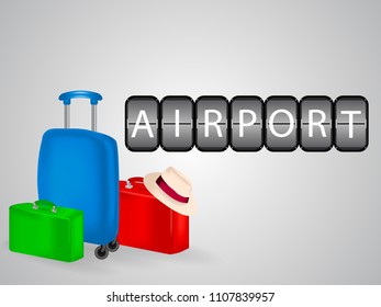 Three colorful suitcases with inscription airport in the form of a scoreboard. Vector illustration