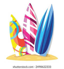 Three colorful surfboards standing upright on the sand, ready for surfers to ride the waves