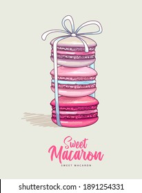 Three colorful sweet macarons cakes on with ribbon. French macaroons. Junk food background