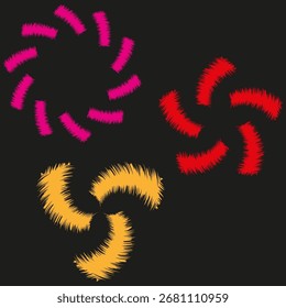 Três redemoinhos coloridos. Formas dinâmicas abstratas. Elementos vetoriais trançados. Gráfico de movimento brilhante. EPS 10.