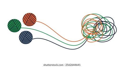 Three colorful tangles chaotically tangled together. Chaos and order. Tangled jangle, Tangled thoughts. Counselling, psychology, support concept. Coaching, mentoring or psychotherapy. Problem solving.