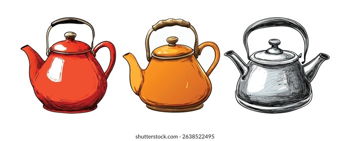 Three Colorful Teapots Red Orange and Gray Kettle Illustrations
