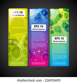 Three colorful techno banners with circles and shiny dots