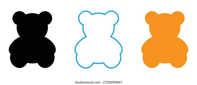 Drei bunte Teddybär-Formen in schwarz, blauem Umriss und orange auf weiß