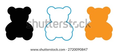 Three colorful teddy bear shapes in black, blue outline, and orange on white