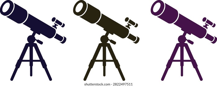 Three colorful telescopes on tripods for stargazing