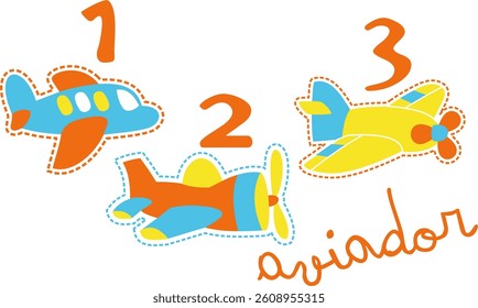 Three colorful toy airplanes with numbers
