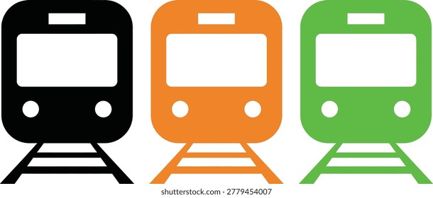 Three colorful train icons on tracks