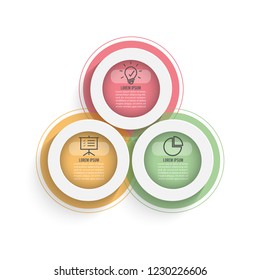 Three colorful translucent overlapping circles with thin line pictograms inside and text boxes. Concept of triangle business model with 3 options. Infographic design template. Vector illustration.