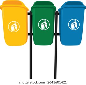 Three colorful trash bins for waste management
