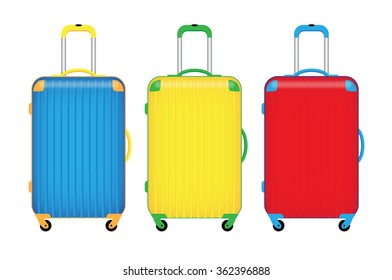 three colorful travel luggage isolate on white background vector illustrations