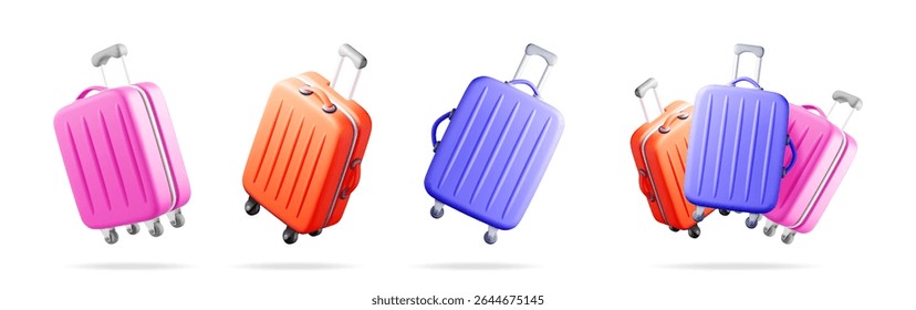 Three colorful travel luggage suitcases standing set. Summer travel and vacation concept. 3d stock vector illustration collection for tourism.