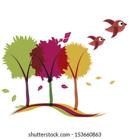 three colorful trees in autumn with leafs and some birds