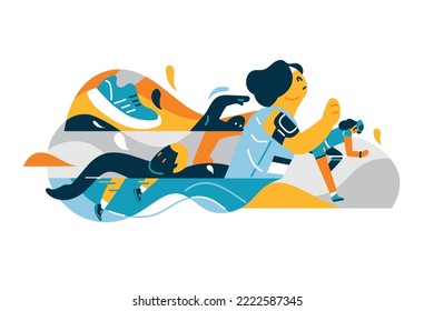 Three Colorful Triathlon Racers Vector Illustration