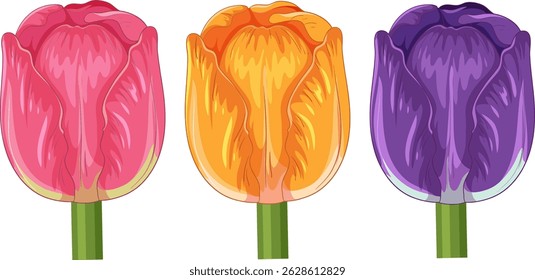 Three colorful tulips in vector style, showcasing detailed petals and vivid hues. Perfect for botanical illustrations and floral designs