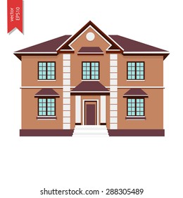 Three colorful two-storey house. Vector illustration of home, school, penthouse, townhouse.  Brick house, orrange home. House icon isolated on white background.