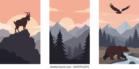 Three colorful vector animals, including a wild goat, an eagle, and a bear, set against a scenic mountain backdrop, ideal for wildlife art decor