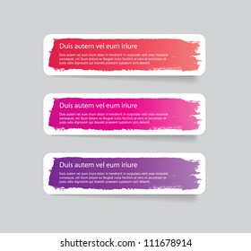 Three colorful vector stickers / labels / tags with a brush stroke hand painted background