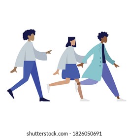 Three colorful woman are running in hurry, flat color illustration, young people are catching something, character pose