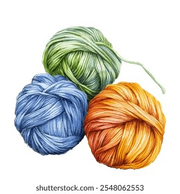 Três bolas de fio colorido em verde, azul e laranja tons vetor ilustração isolada no fundo branco. Perfeito para artesanato, tricô, costura, desenhos feitos à mão temáticos. Bolas, bandas de rodagem de fios de lã 