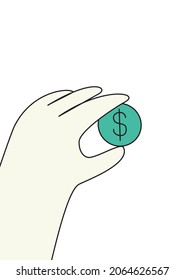 Three colors cartoon dollar sign with human fingers. Outline minimal vector sign on white. Thin line elegance vector illustration on white.
