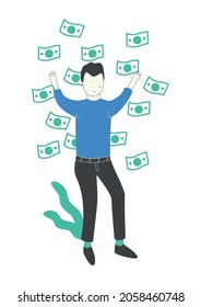Three colors cartoon person man with money around, earning. Thin line elegance vector illustration on white. Flat character illustration.  