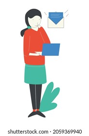 Three colors cartoon person woman with email computer. Thin line elegance vector illustration on white. Flat character illustration person. 