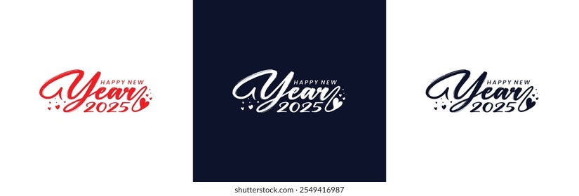 
Três cores Feliz Ano Novo 2025 design de logotipo manuscrito. Design do logotipo de feriado do vetor. 2025 Feliz Ano Novo. Forma de amor com feliz ano novo logotipo editável.