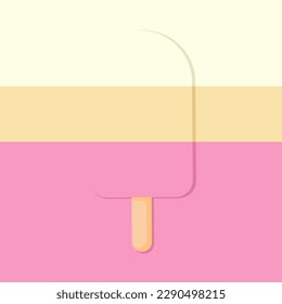three colors ice cream with shadow on three color background. Vanilla, chocolate, nut, strawberry ice cream