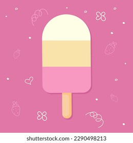 three colors ice cream with strawberry on pink background. Vanilla, chocolate, nut, strawberry ice cream