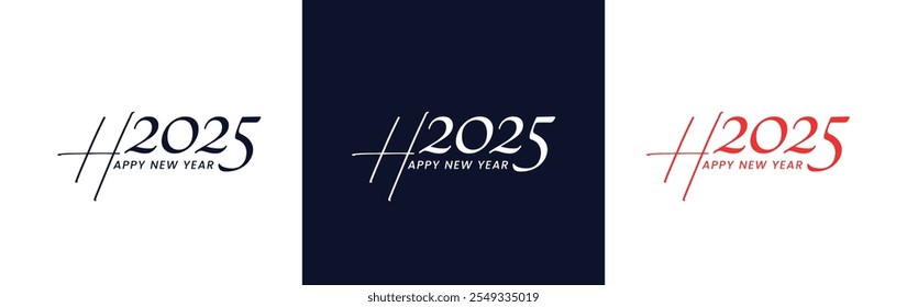 Three colors layout with Happy New Year 2025 handwritten lettering logo design. Vector holiday logo design. 2025 Happy New Year logo design.