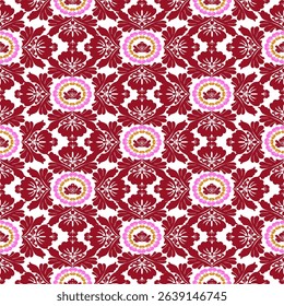 Three colors ornament background. Seamless pattern with damask flowers. Vector illustration.