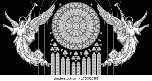 Drei farbige Vignette auf schwarzem Hintergrund mit gotischer Rose und zwei Engeln, die von der Mitte fliegen