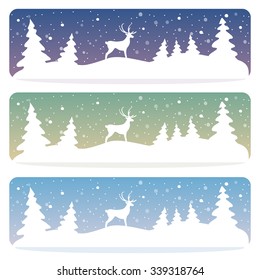 Three Colors Winter Landscape Banners. Christmas Template Of Letterhead With Deer Standing Near Snow-covered Trees. New Year Vector Illustration.