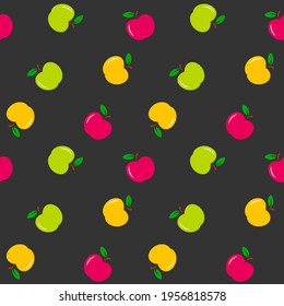 Three colour apples with green leaves on black background, seamless pattern 