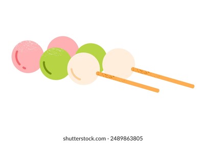 Three colour Hanami dango dumplings. Traditional Japanese sweet dessert. Asian rice cake. Healthy, organic sweets. Popular spring dessert. Isolated vector illustration in cartoon style