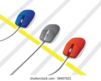 three colour mouses on the start line - vector illustration